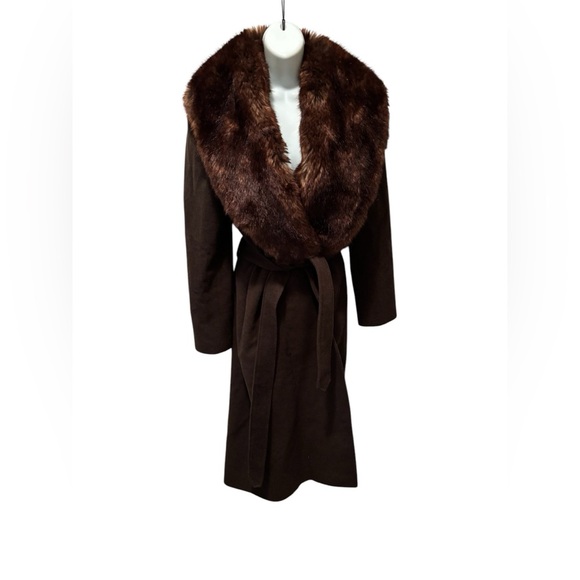 Lauren Ralph Lauren LRL Wool Belted Trench Coat S Large Faux Fur Shawl Collar - Picture 1 of 13